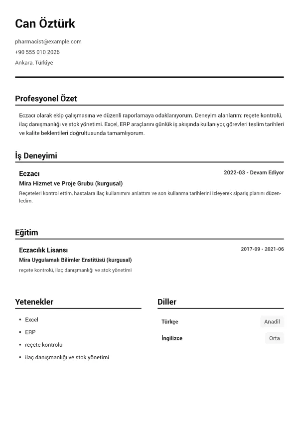 Eczacı CV – Siyah Beyaz Net