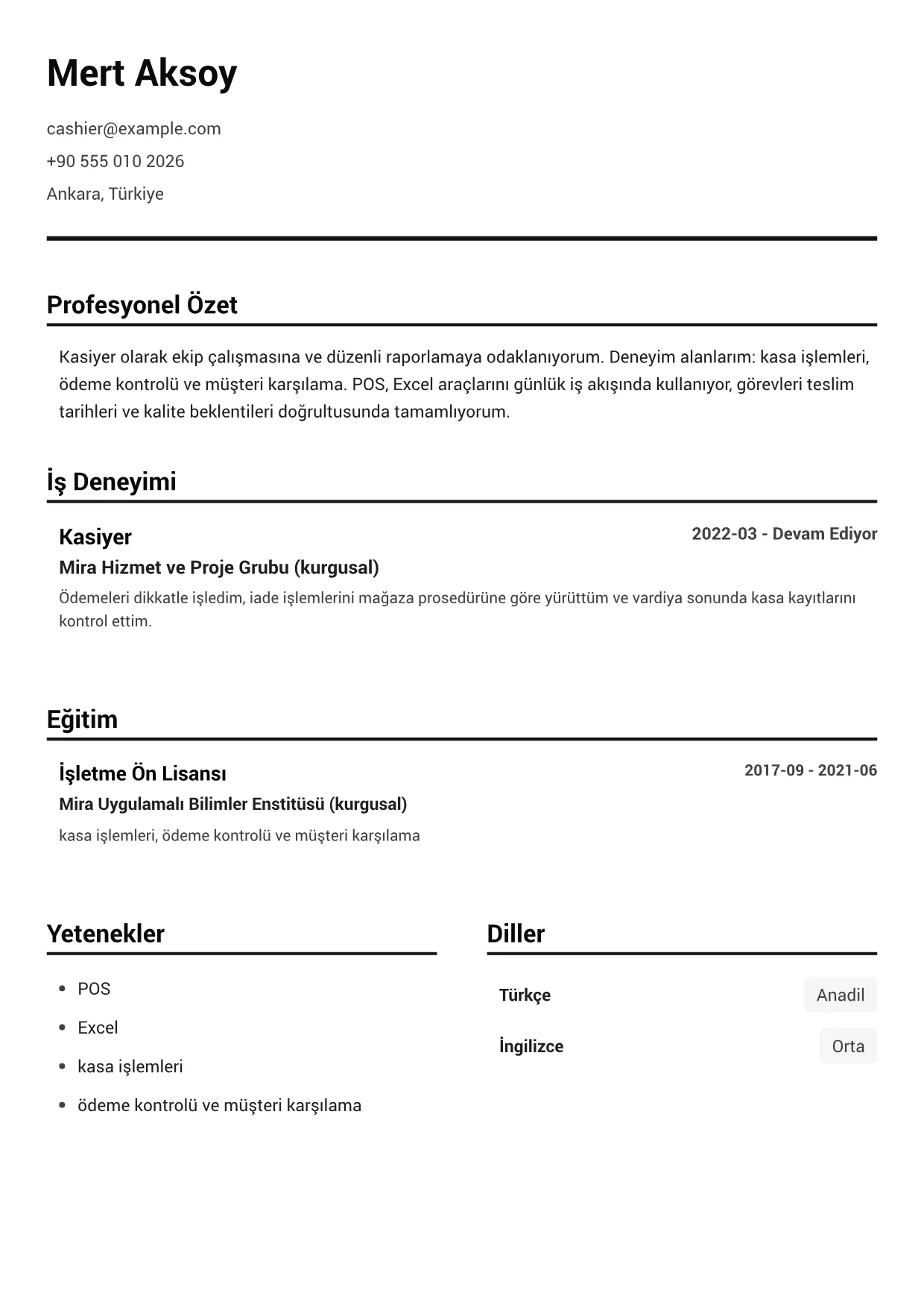 Kasiyer CV Örneği – Siyah Beyaz Net (1/1)