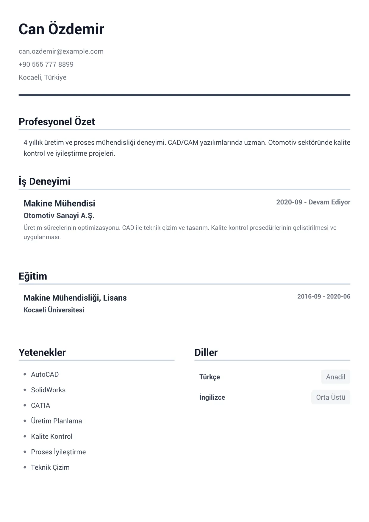 Makine Mühendisi CV Örneği – Minimal Gri (1/1)