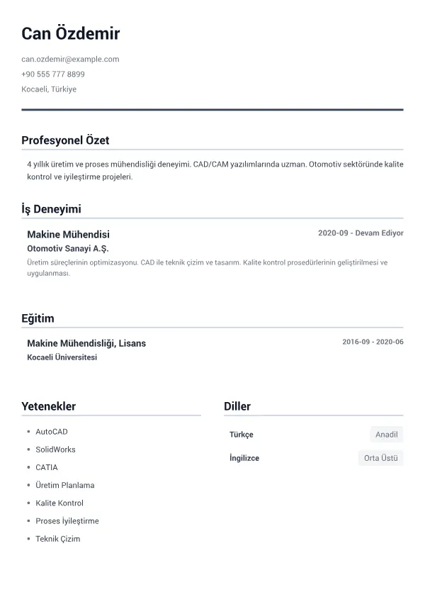 Makine Mühendisi CV – Minimal Gri