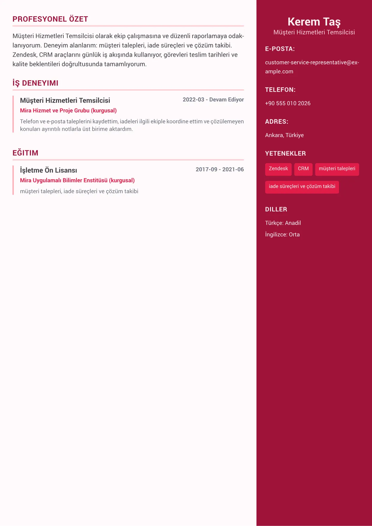 Müşteri Hizmetleri Temsilcisi CV Örneği – Renkli Sidebar Plus (1/1)