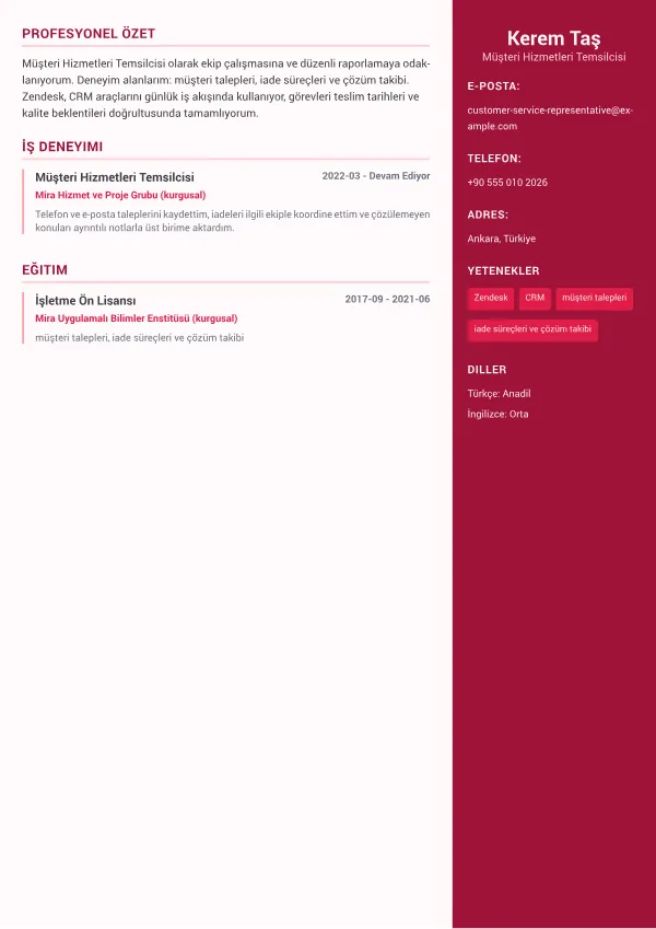 Müşteri Hizmetleri Temsilcisi CV – Renkli Sidebar Plus