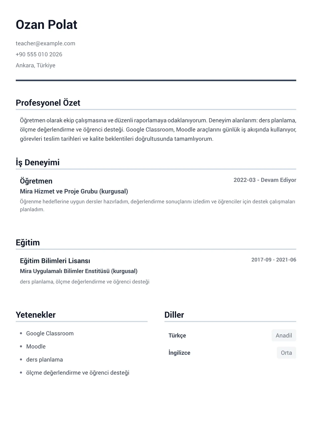 Öğretmen CV Örneği – Minimal Gri (1/1)