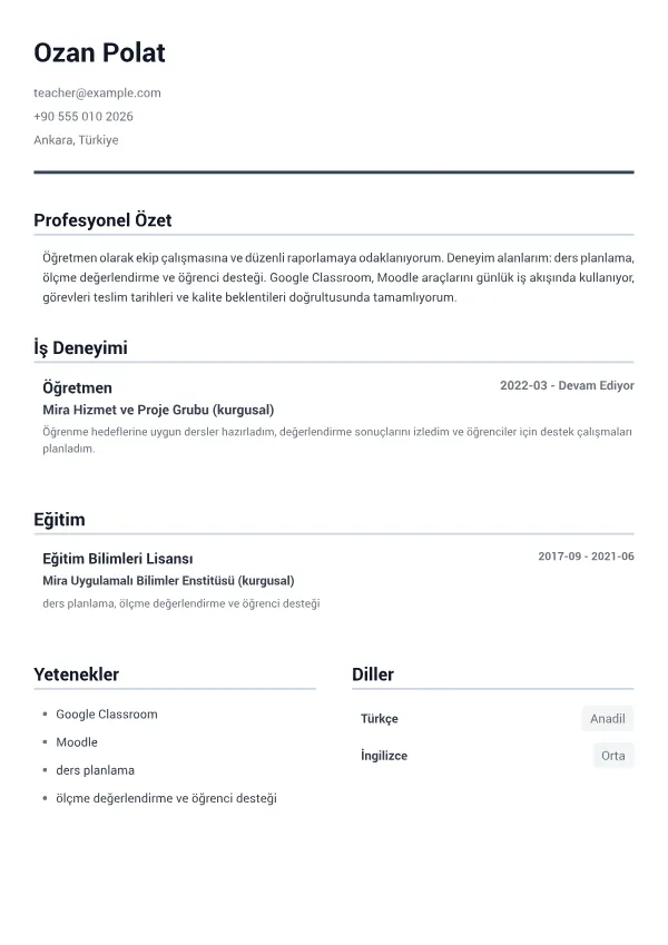 Öğretmen CV – Minimal Gri