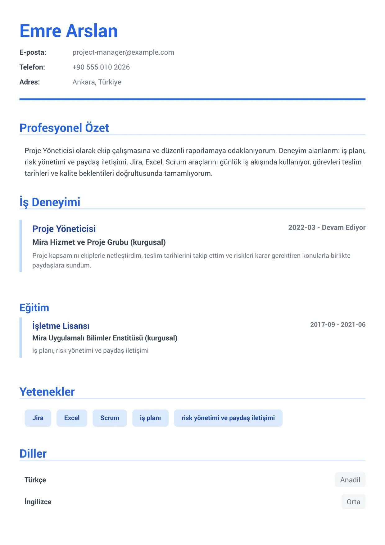 Proje Yöneticisi CV Örneği – Kurumsal Mavi (1/1)