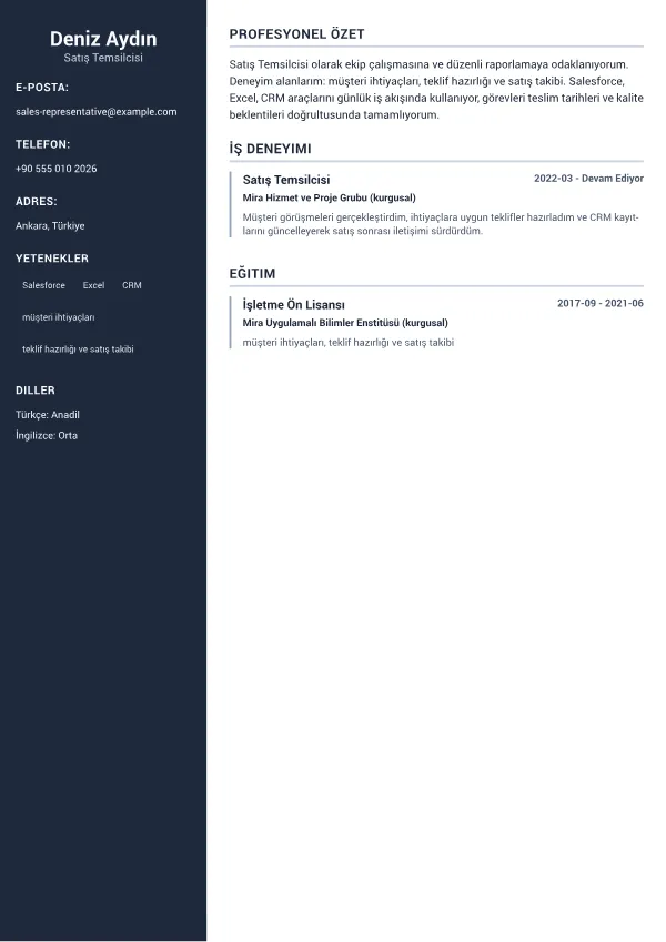 Satış Temsilcisi CV – Profesyonel Sidebar