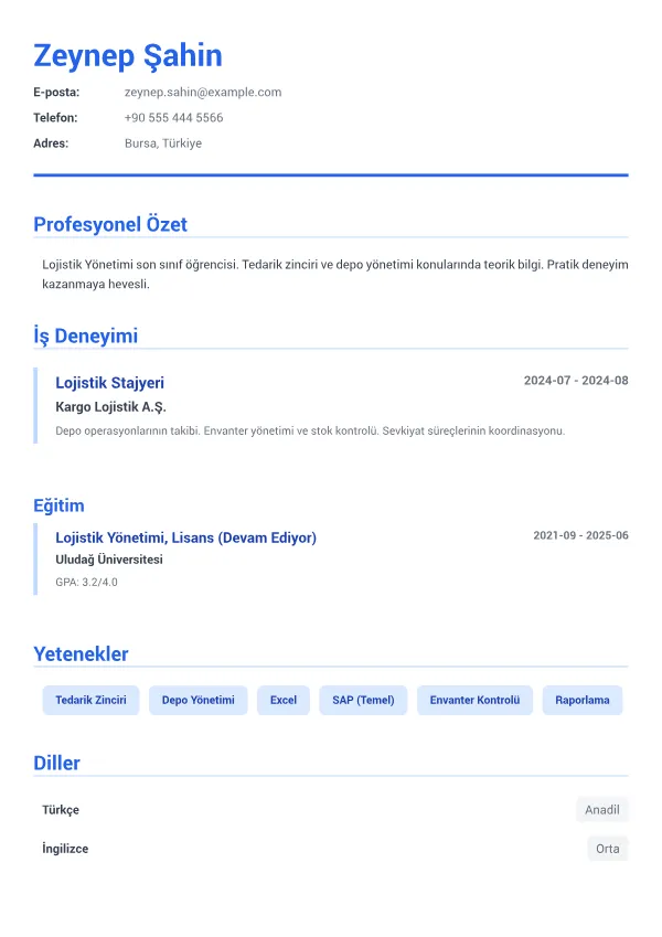 Stajyer Lojistikçi CV – Kurumsal Mavi