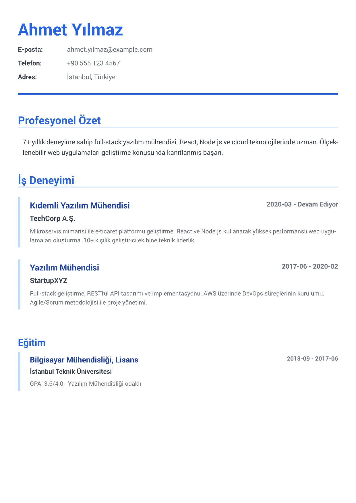 Yazılım Mühendisi CV Örneği – Kurumsal Mavi (1/2)