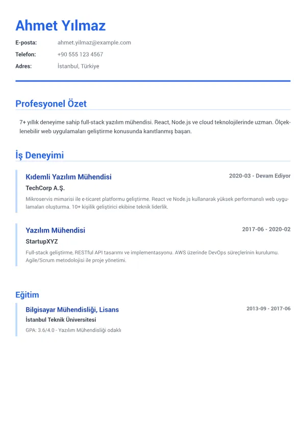 Yazılım Mühendisi CV – Kurumsal Mavi