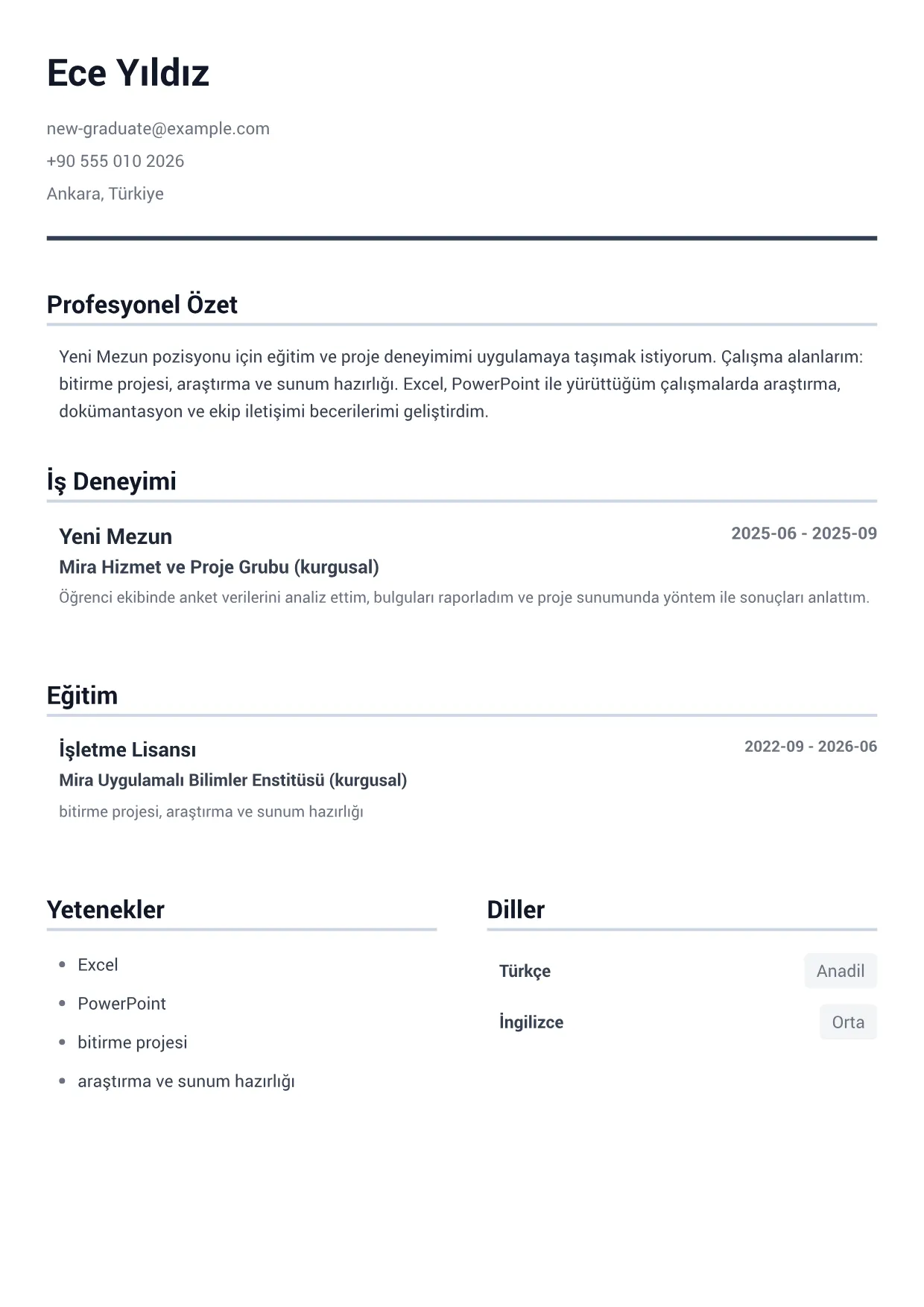 Yeni Mezun CV Örneği – Minimal Gri (1/1)