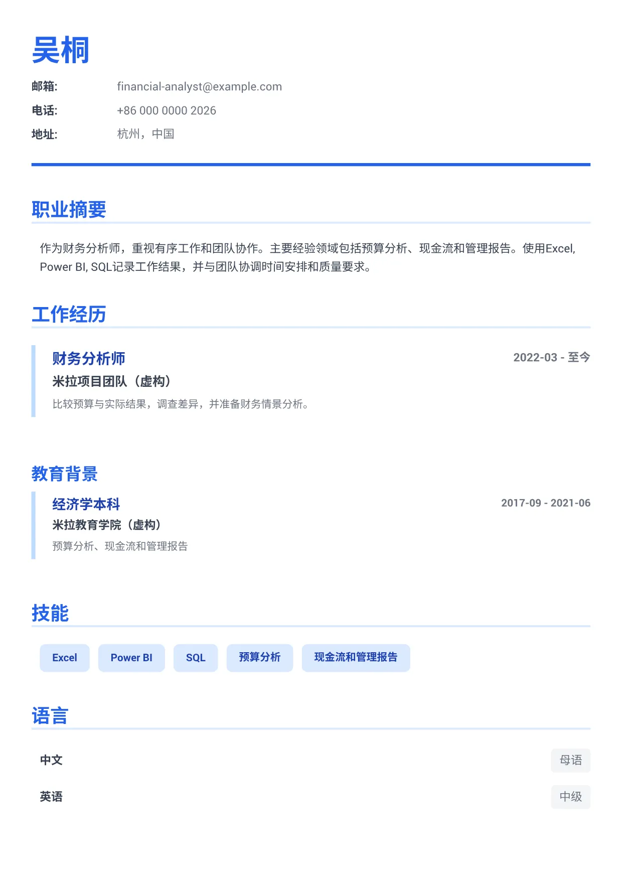财务分析师简历范文 – 商务蓝 (1/1)
