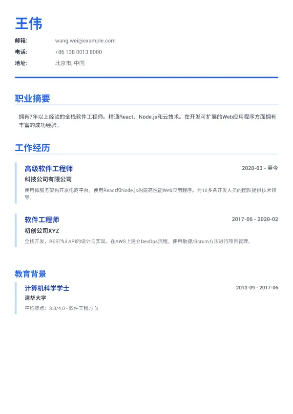 软件工程师 CV – 商务蓝