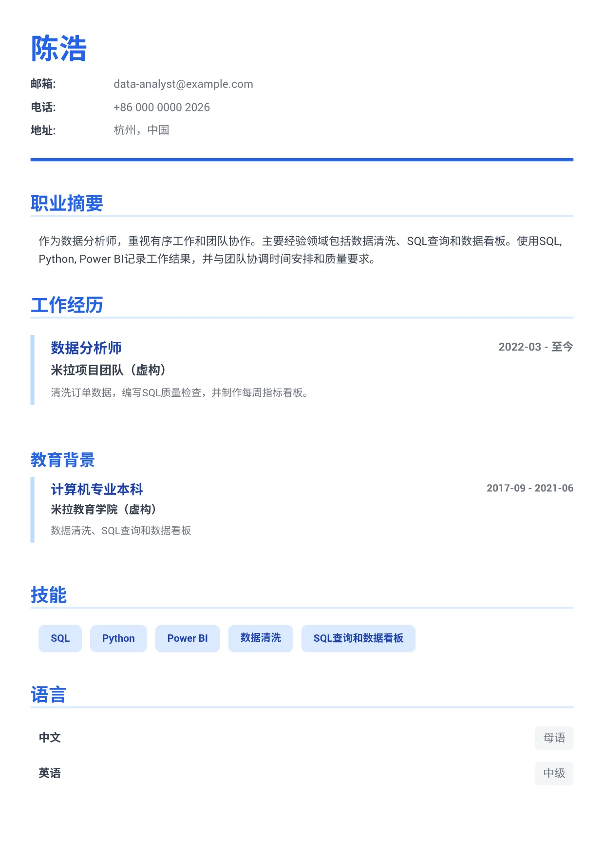 数据分析师简历范文 – 商务蓝 (1/1)