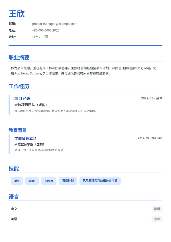 项目经理 CV – 商务蓝